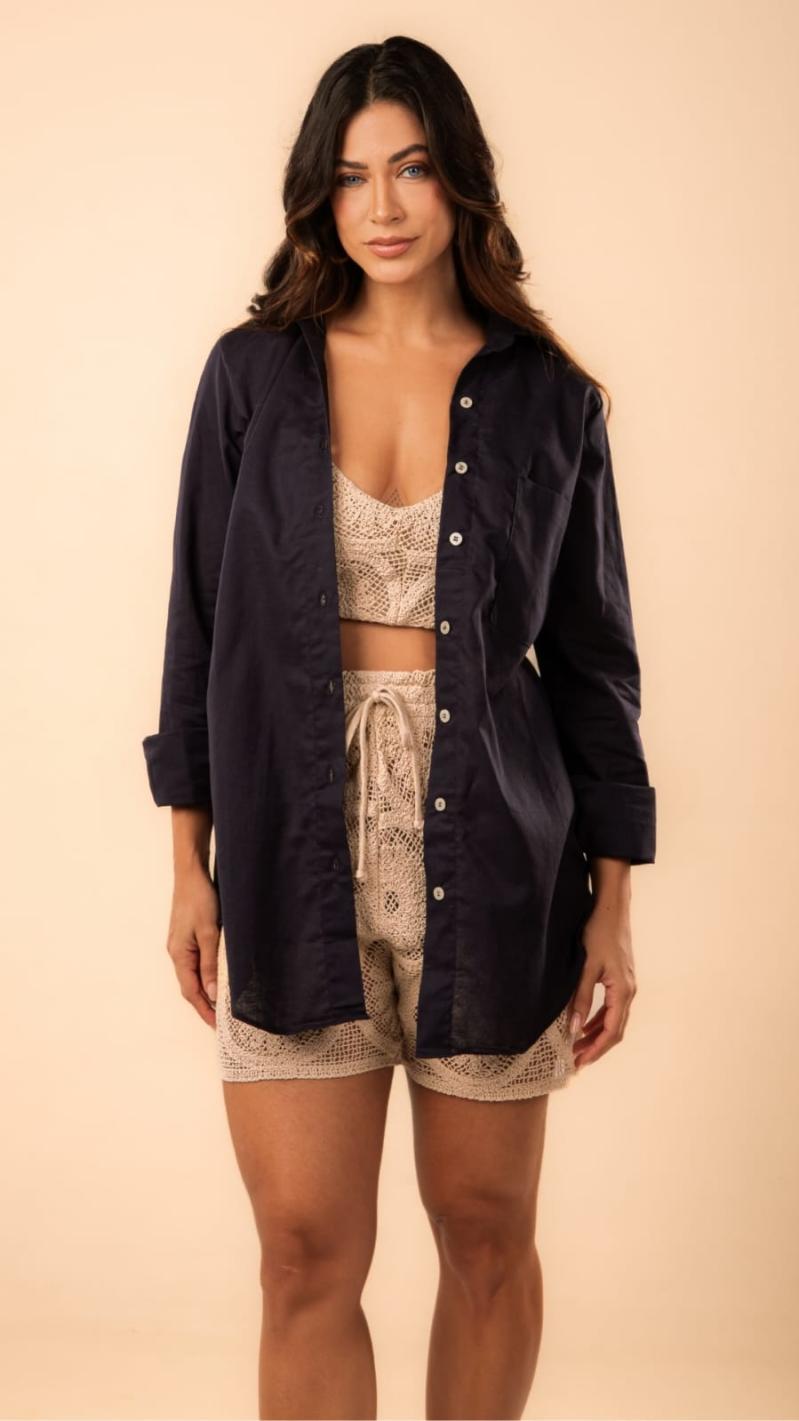 CAMISA FRIDA LINHO BAMBU MARINHO